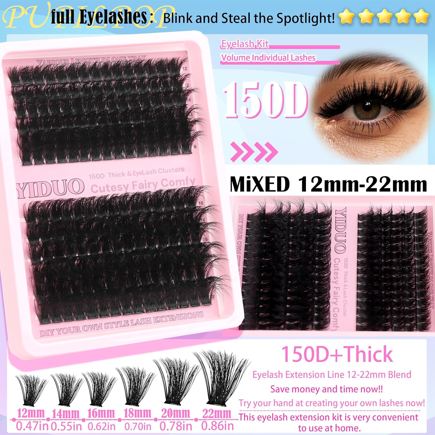575Pcs Bulk Pack Lashes Clusters Kit with Glue and Removers, D Curl Volume 150D+200D+Spiky Lashes Clusters, 12-21mm Manga Extension Eyelashes DIY Individual False Eyelash Wholesale Pack-GlimoraGlow