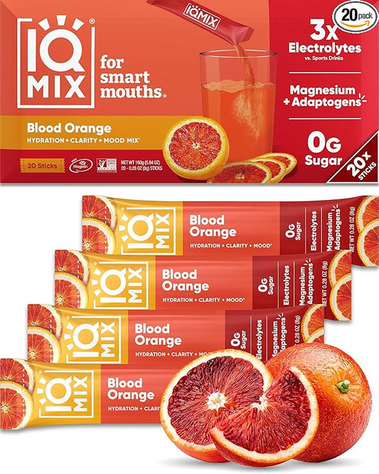 IQMIX Hydration Electrolyte Powder – 4-in-1 Formula for Hydration, Mental Clarity, Mood and Recovery – Sugar-Free Drink Mix, Keto, Magnesium L-Threonate, Lion’s Mane – 20 Count Blood Orange-GlimoraGlow