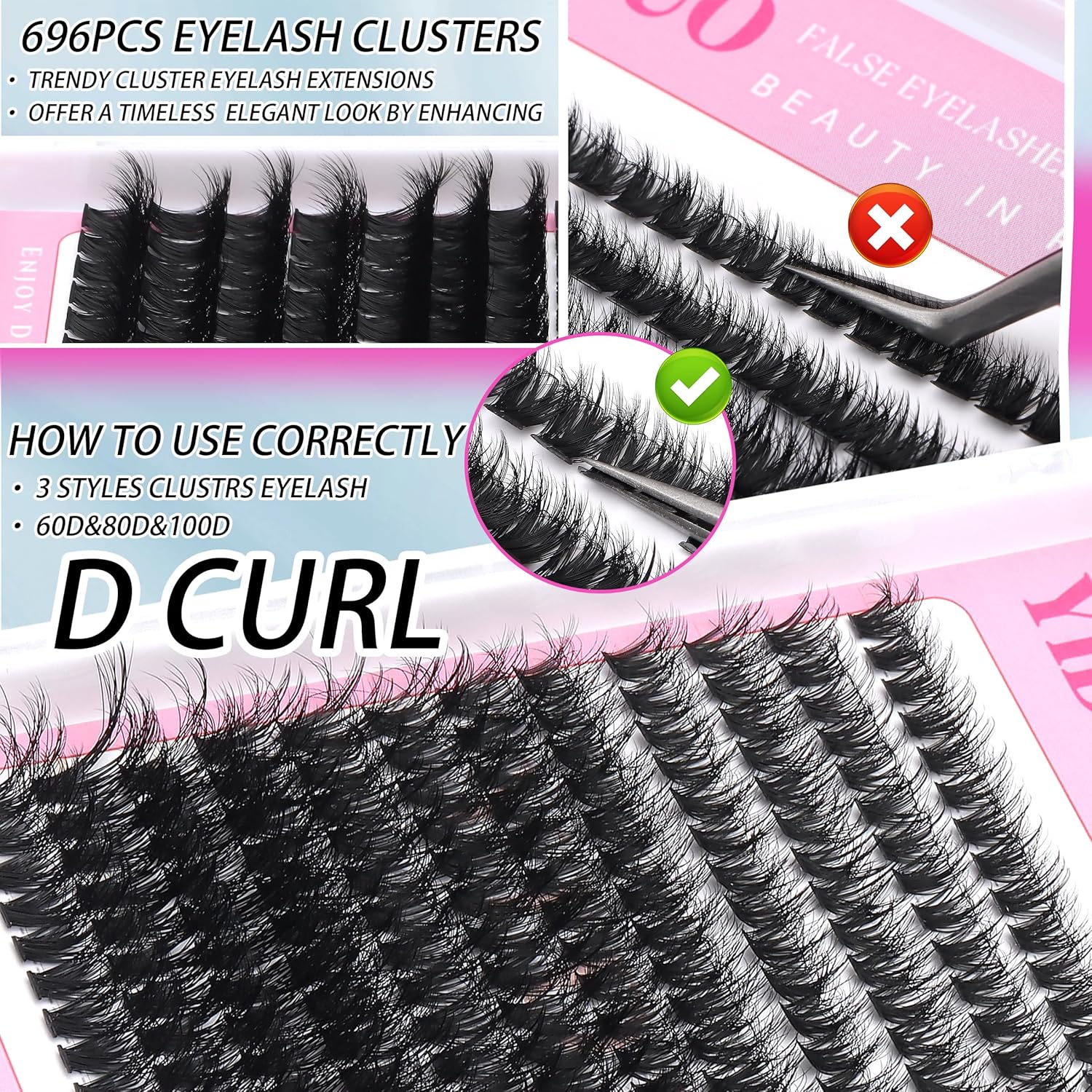 D Curl Volume Fake Eyelashes Lashes Cluster Kit Wispy Faux Mink Lashes 696Pcs Bulk Packs, DIY Individual Eyelash Extensions Wholesale Combo Pack with Glue|Tweezers|Removers-GlimoraGlow