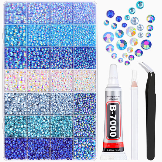 20000Pcs Blue Rhinestones for Bedazzling with 1Pcs B7000 Jewelry Glue, Resin Rhinestones for Crafting Crafts DIY, Bedazzler Kit Gems for Clothing Shoes Tumblers Nail Art Assorted Size 3/4/5/6mm-GlimoraGlow