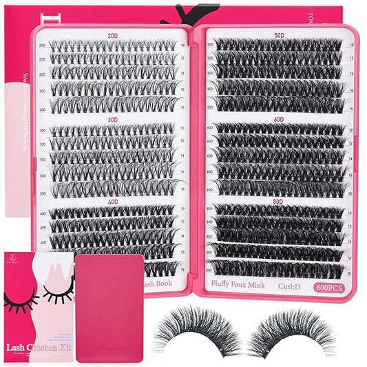 Lash Clusters 600PCS - Eyelash Clusters 20D+30D+40D+50D+60D+80D Wispy Individual Lashes D Curl Lash Extension 10-18MM Natural Lash Clusters DIY Cluster Eyelash Extensions for Beginners-GlimoraGlow