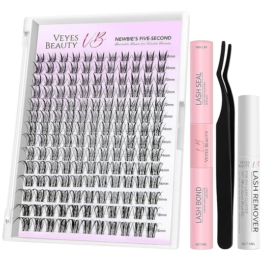 VEYESBEAUTY Lash Clusters Kit Eyelash Extensions Thin & Invisible Band DIY Individual False Eyelashes Newbie's Five-Second Series Lash Tray for Self-application, Sylph Lashes 8-18mm Mixed Length-GlimoraGlow