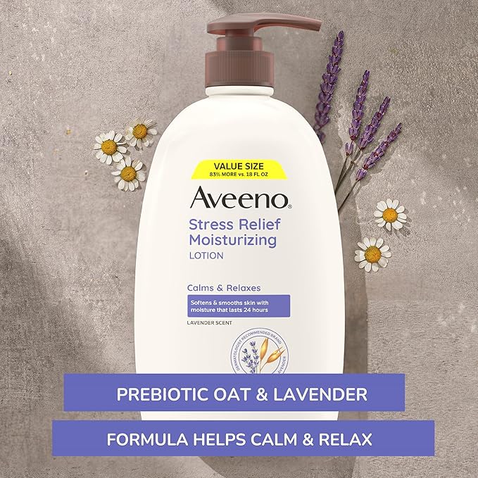 Aveeno Stress Relief Moisturizing Body Lotion 33 Fl Oz, Lavender Scent with Prebiotic Oat, Hydrating 24-Hour Moisturizer Non-Greasy for Dry Sensitive Skin, Paraben & Dye Free, Calming & Relaxing-GlimoraGlow