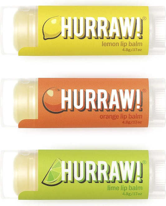 Hurraw! Lemon, Orange, Lime Lip Balms, 3 Pack Bundle: Organic, Certified Vegan, Cruelty and Gluten Free. Non-GMO, 100% Natural Ingredients. Bee, Shea, Soy and Palm Free. Made in USA-GlimoraGlow