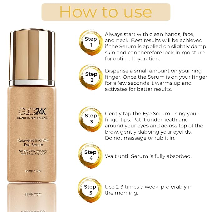 GLO24K Eye Serum with 24k Gold, Hyaluronic Acid, and Vitamins A,C,E. Potent Formula for the delicate skin around the eyes.-GlimoraGlow