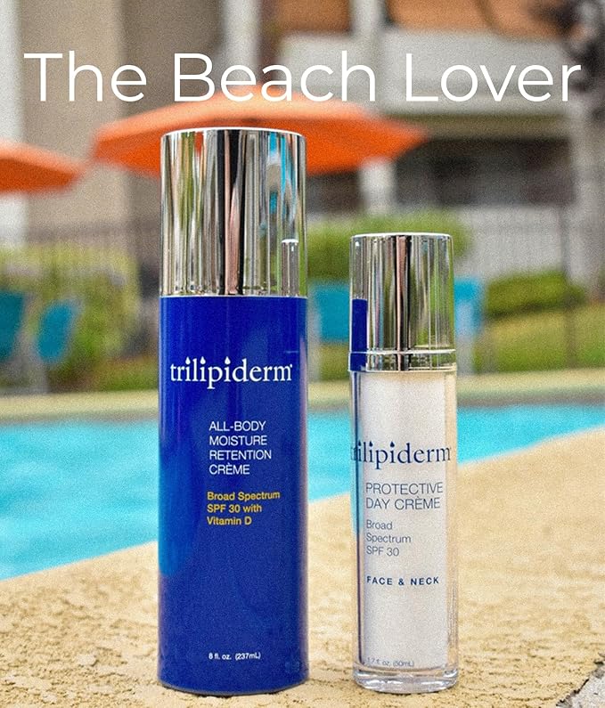 Trilipiderm Beach Lover Bundle- All-Body Moisture Retention Crème Sunscreen (8oz) & Protective Day Crème Broad Spectrum SPF 30 (1.7oz), Sunscreen Lotion UVA/UVB Set for Face, Body, Travel Size-GlimoraGlow
