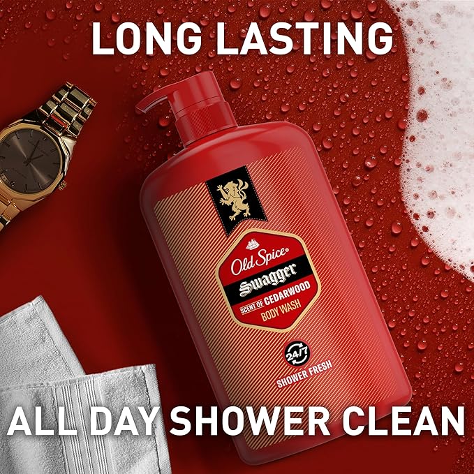 Old Spice Body Wash for Men, 24/7 Shower Fresh with Lasting Scent, Red Collection, Swagger with Cedarwood Scent, 33.4 fl oz (Pack of 4)-GlimoraGlow