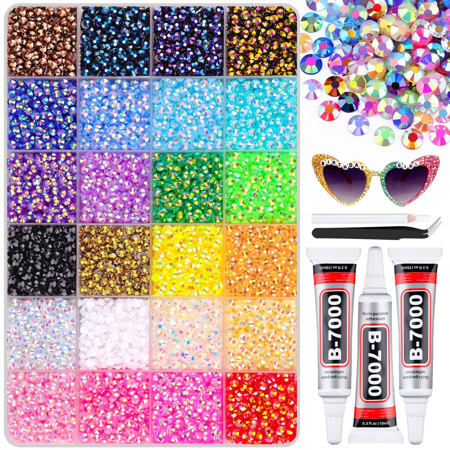 12600Pcs Resin Rhinestones with B7000 Jewelry Glue for Crafting, Multicolors 4mm Non Hotfix Flatback Gems, Bedazzling Crystal for DIY Crafts Clothing Tumblers Mugs Shoes Fabric Decor Nail Art-GlimoraGlow
