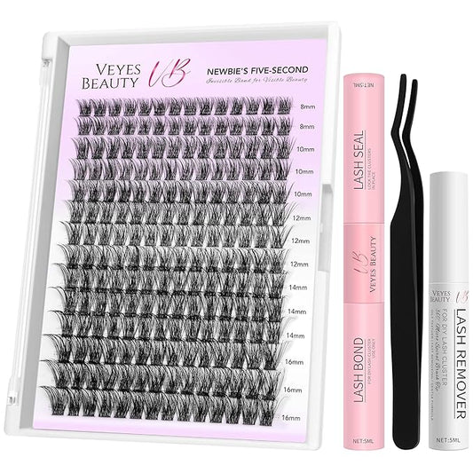 VEYESBEAUTY Lash Clusters Kit Individual Eyelash Extensions Thin & Invisible Band DIY False Eyelashes Newbie's Five-Second Series Wispy Lash Tray, Boldeye KIT with Bond&Seal Remover Applicator-GlimoraGlow