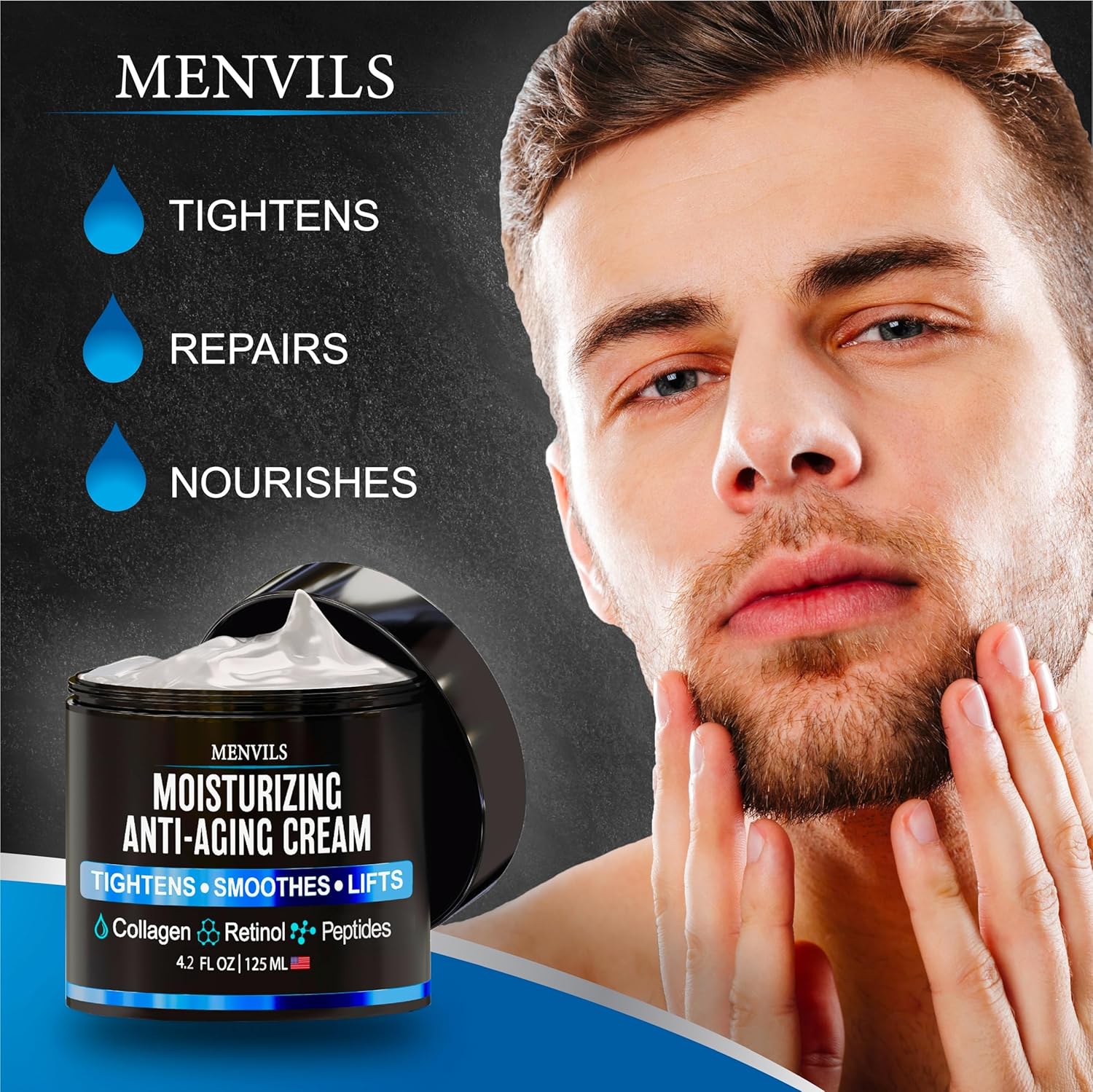 Mens Face Moisturizer Cream - Anti Aging & Wrinkle Cream - Face Moisturizer For Men with Collagen, Retinol, Peptides, Jojoba Oil - Facial Skin Care & Eye Lotion - Day & Night - 4.2 OZ-GlimoraGlow