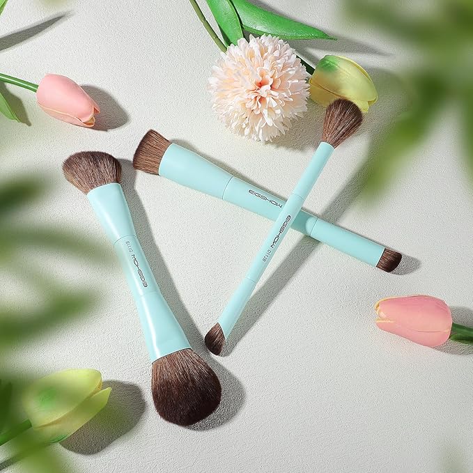 EIGSHOW Makeup Brush Set, 3Pcs Dual Ended Face Makeup Brushes for Foundation Powder Contour Highlight Concealer Nose Shadow, Travel Gift Set (Cyan)-GlimoraGlow