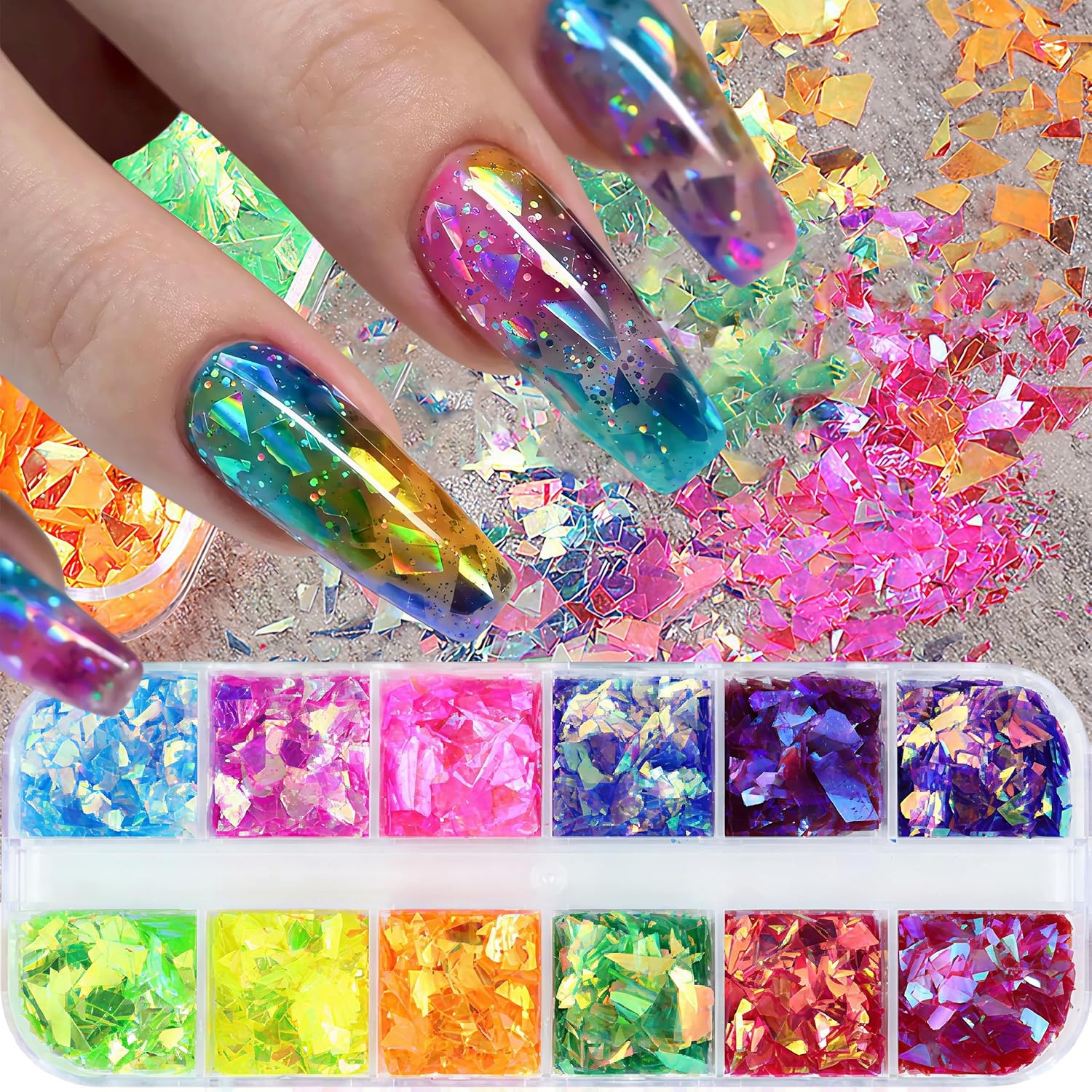 12Grids Holographic Mermaid Colorful Nail Art Glitter,Irregular Rainbow Candy Color Nail Art Flakes Sequins Gradient Bright Ice Slag Nail Sequins Summer Metallic Foil Nail Supplies DIY Nail Decoration-GlimoraGlow