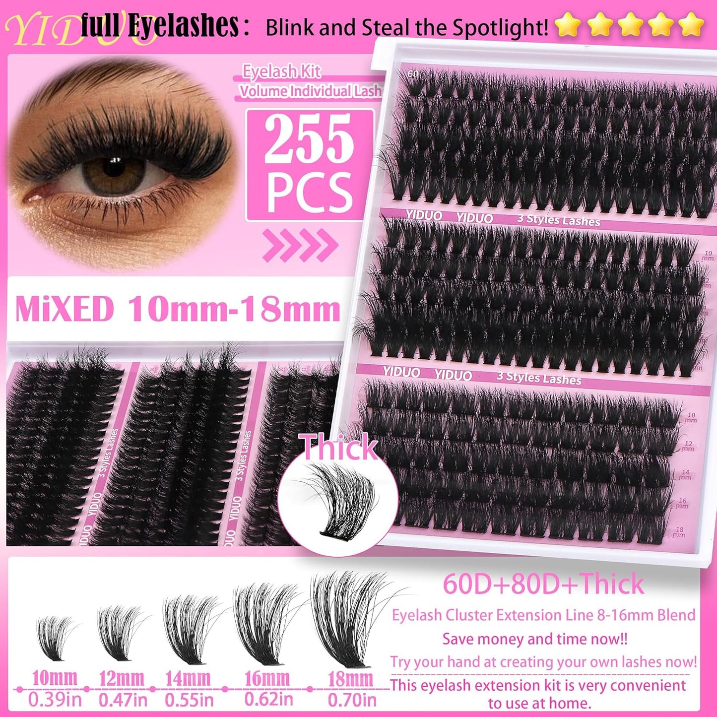 Lashes 7 style Mixed C-Curl False Eyelashes Extensions Clusters Lashes Kit Gift Packs 835Pcs with Bond&Seal Faux Mink Individual Lash Wholesale Pack DIY Individual Fake Eyelashes Box-GlimoraGlow