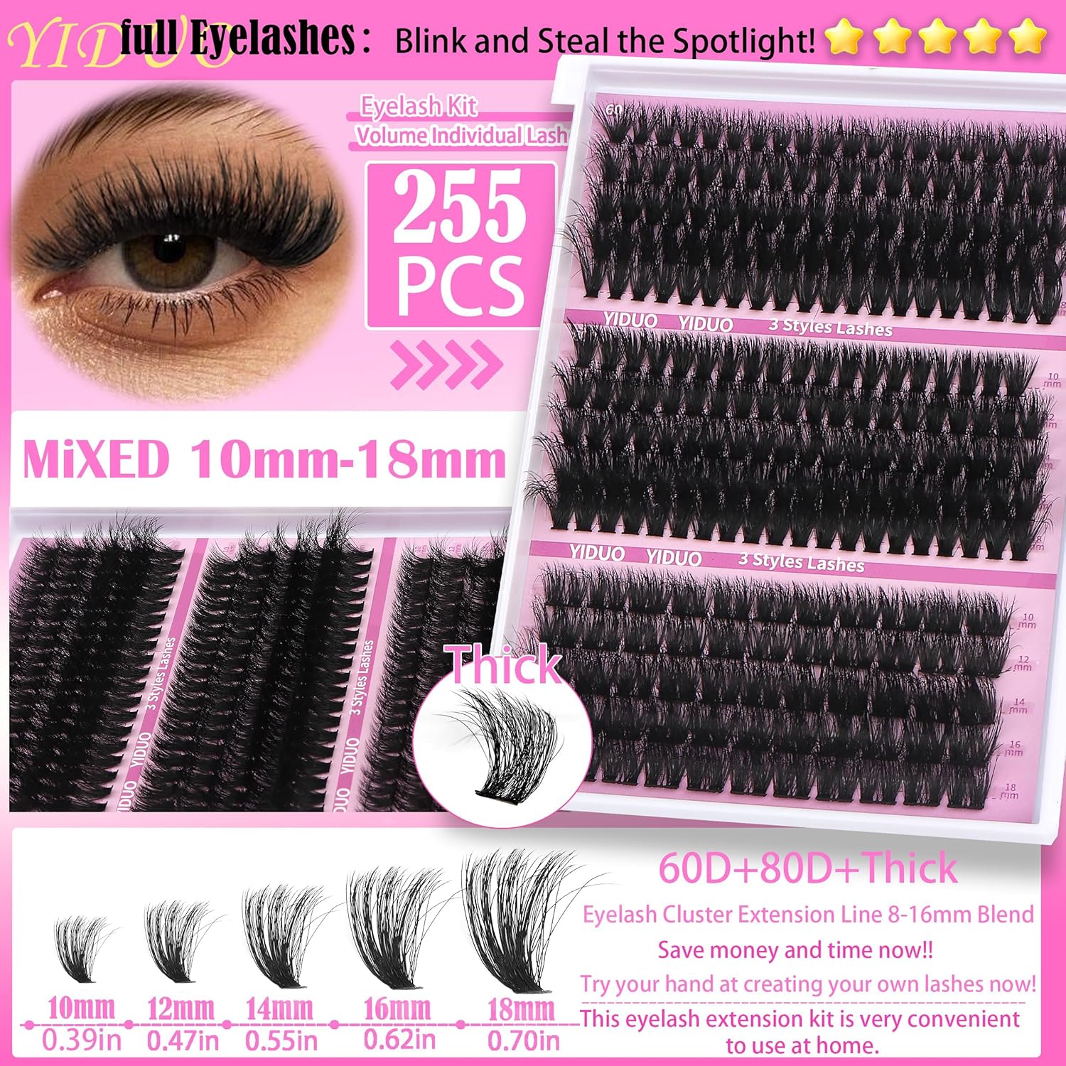 Lashes 7 style Mixed C-Curl False Eyelashes Extensions Clusters Lashes Kit Gift Packs 835Pcs with Bond&Seal Faux Mink Individual Lash Wholesale Pack DIY Individual Fake Eyelashes Box-GlimoraGlow
