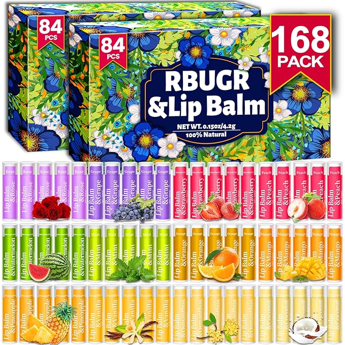 168 Pcs Lip Balm Bulk, 12 Flavored Lip Balm Pack for Women, All Organic Natural Bulk Lip Balms for Dry Cracked Lips, Moisturizing Lip Balms Gift Set(4.2g/0.15oz)-GlimoraGlow