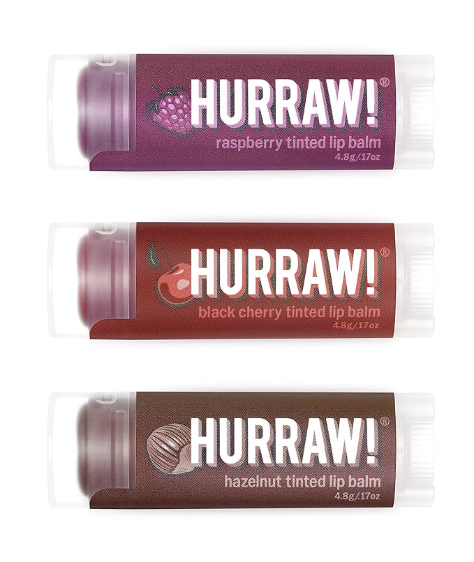 Hurraw! Raspberry Tinted, Black Cherry Tinted, Hazelnut Tinted Lip Balms, 3 Pack Bundle: Organic, Certified Vegan, Cruelty & Gluten Free. Non-GMO, 100% Natural. Bee, Shea, Soy & Palm Free. Made in USA-GlimoraGlow