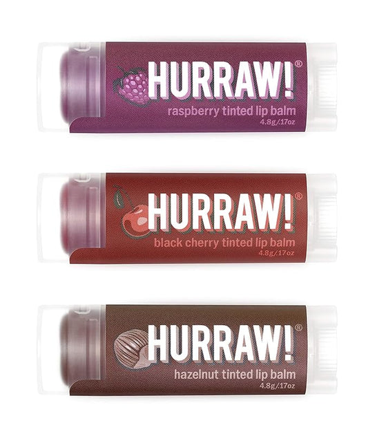Hurraw! Raspberry Tinted, Black Cherry Tinted, Hazelnut Tinted Lip Balms, 3 Pack Bundle: Organic, Certified Vegan, Cruelty & Gluten Free. Non-GMO, 100% Natural. Bee, Shea, Soy & Palm Free. Made in USA-GlimoraGlow
