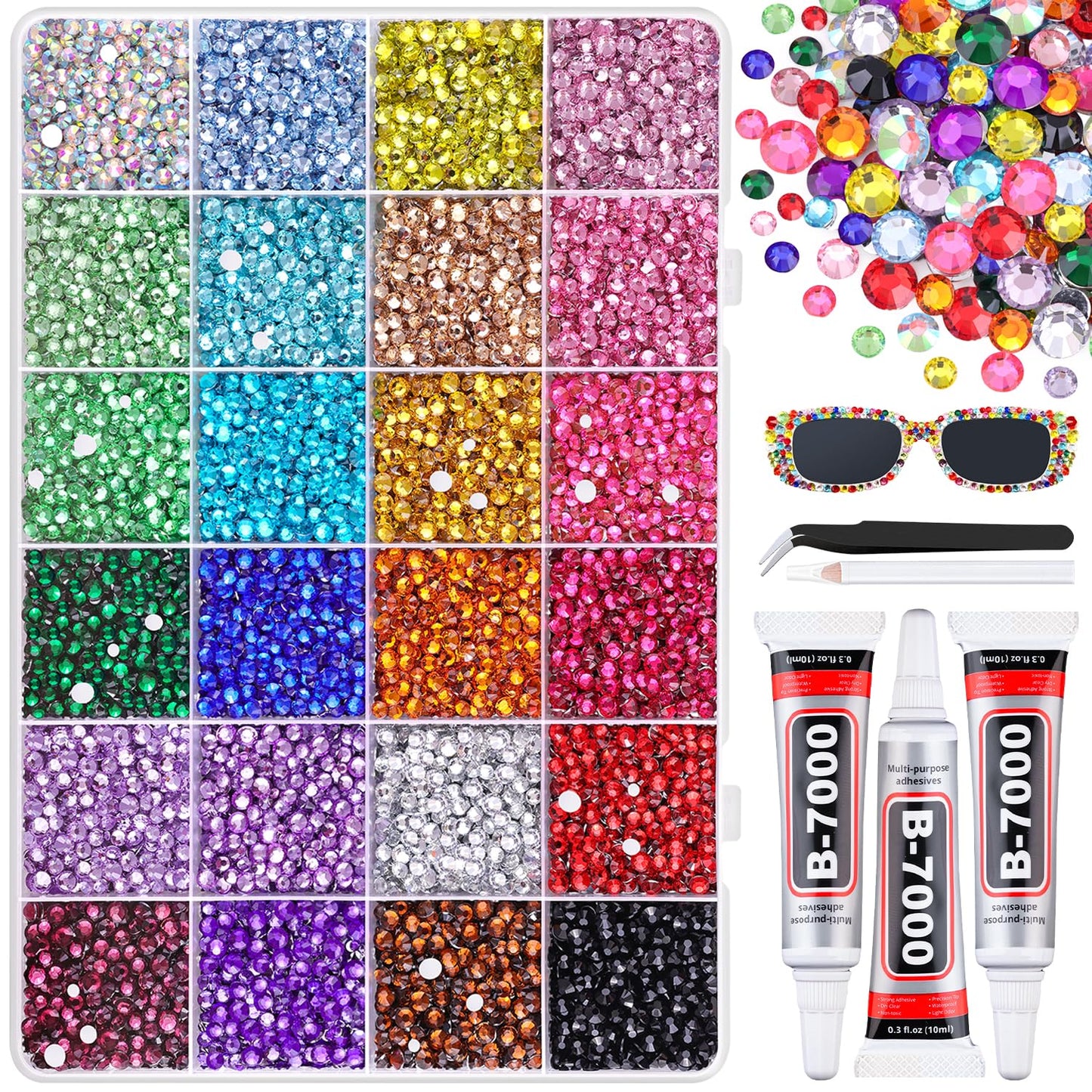 22000Pcs Resin Rhinestones for Bedazzling with 3Pcs B7000 Jewelry Glue, Multicolor 2/3/4mm Flatback Gems Rhinestones for Crafting, Clothing Tumblers Mugs Shoes Fabric Decor Nail Art-GlimoraGlow