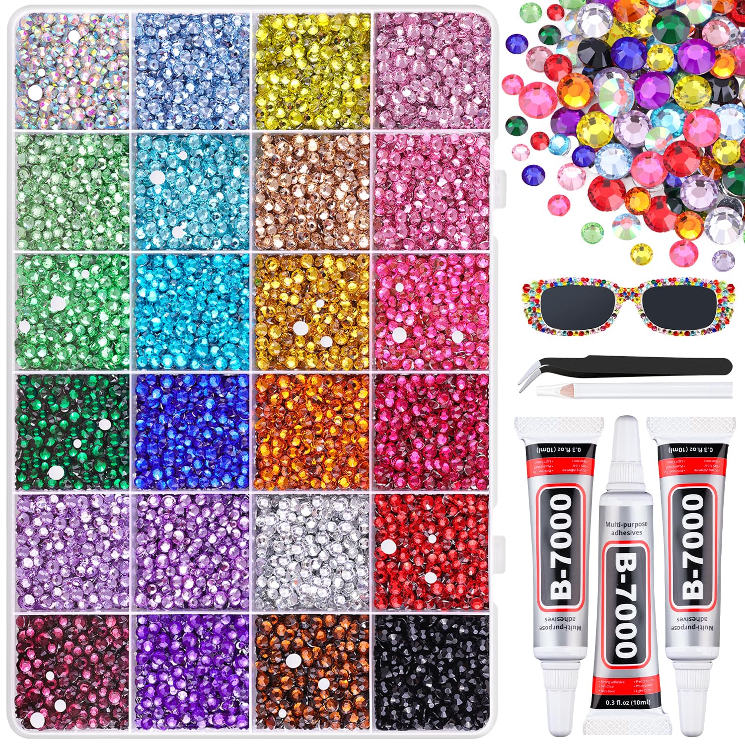 22000Pcs Resin Rhinestones for Bedazzling with 3Pcs B7000 Jewelry Glue, Multicolor 2/3/4mm Flatback Gems Rhinestones for Crafting, Clothing Tumblers Mugs Shoes Fabric Decor Nail Art-GlimoraGlow