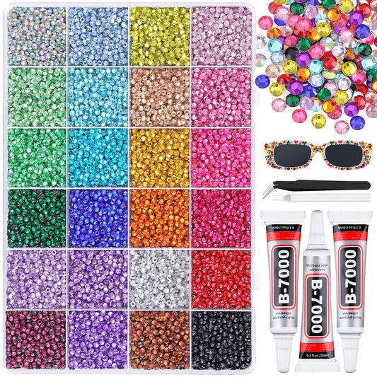 24000Pcs Resin Rhinestones for Bedazzling with 3Pcs B7000 Jewelry Glue, Multicolor 3mm Flatback Gems Rhinestones for Crafting, Clothing Tumblers Mugs Shoes Fabric Decor Nail Art-GlimoraGlow