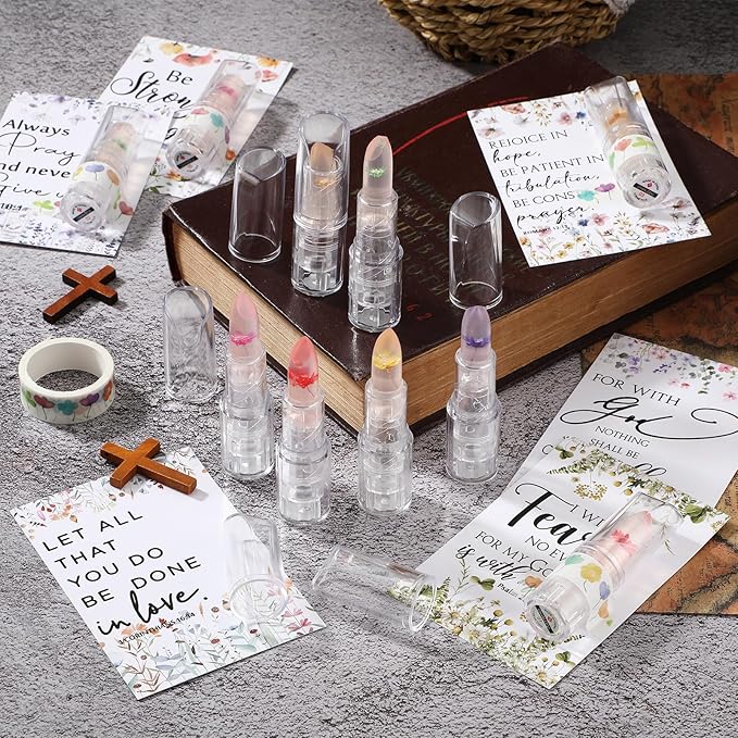 12 Sets Christian Lip Balms with Inspirational Bible Verse Card Bulk Gifts for Women Flower Sign Taste Lip Balm with Tag for Employee Coworker Teacher Family Church Wedding Favor-GlimoraGlow