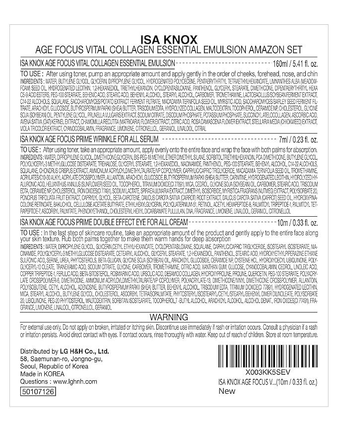 ISA KNOX AGE FOCUS VITAL COLLAGEN Emulsion, PRIME Wrinkle For All Serum & PRIME Eye For All Cream (177 ml/5.99 fl oz) - Korean Skin Care by LG Beauty. Vitamins C, B12 & E.-GlimoraGlow