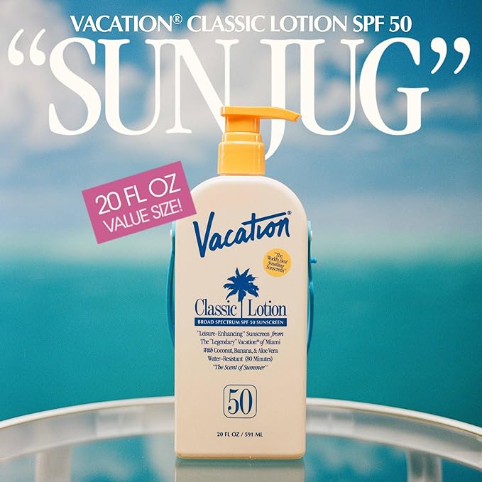 Vacation Classic Lotion SPF 50 Sun Jug, Broad Spectrum Bulk Sunscreen SPF 50, Water Resistant Sunblock, Suntan Lotion with Pump, Vegan, Family-Size, 20 Fl. Oz.-GlimoraGlow
