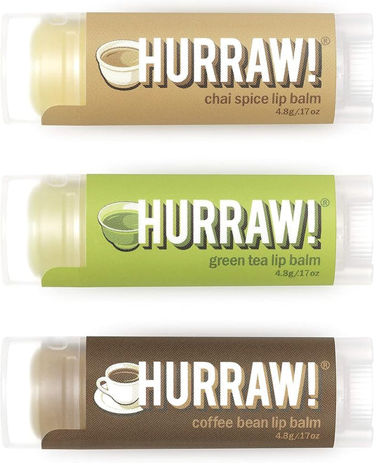 Hurraw! Chai Spice, Green Tea, Coffee Bean Lip Balms, 3 Pack Bundle: Organic, Certified Vegan, Cruelty and Gluten Free. Non-GMO, 100% Natural Ingredients. Bee, Shea, Soy and Palm Free. Made in USA-GlimoraGlow