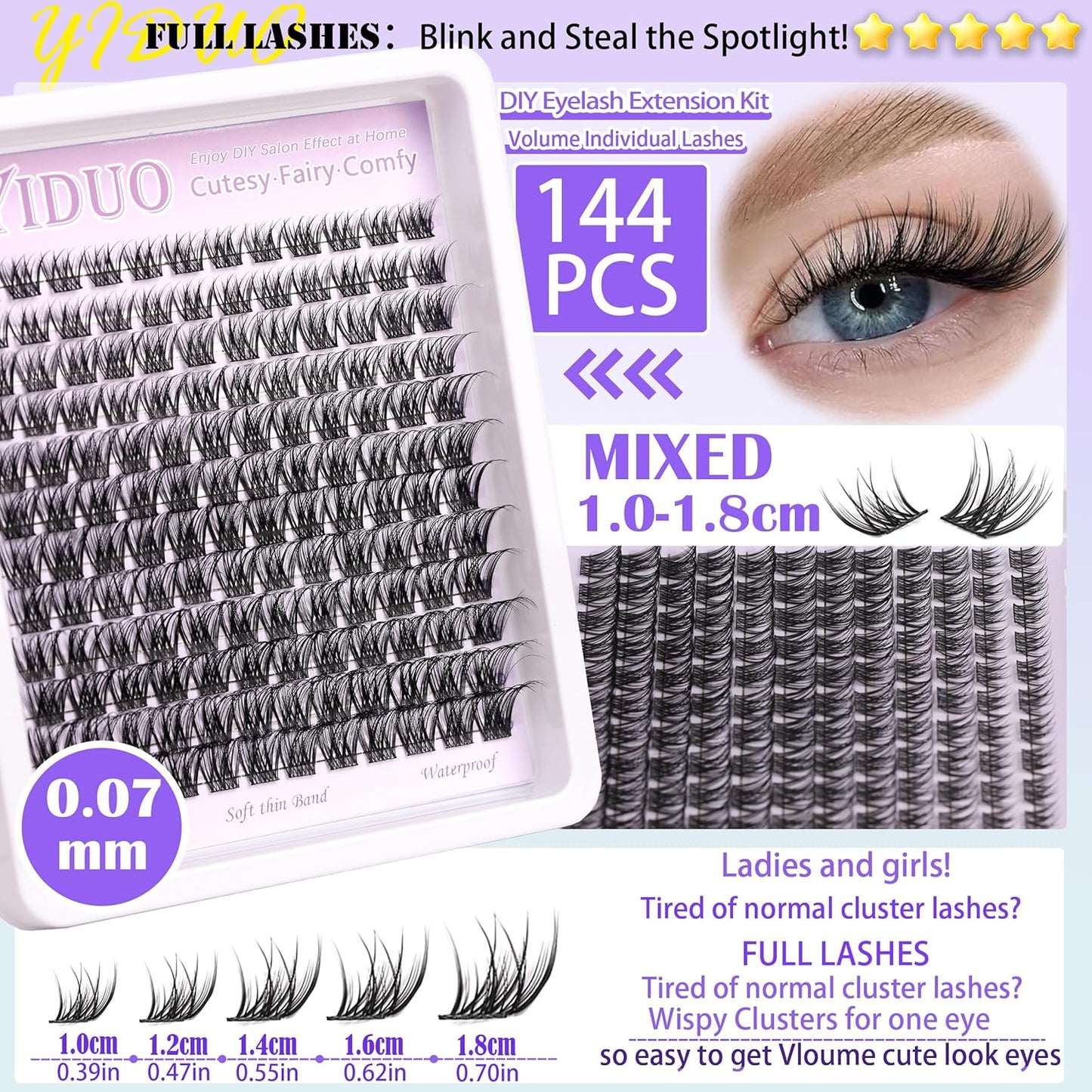 YlDUO Lashes Clusters Kit Gift Packs Natural False Eyelashes Extensions C/D Curl Wispy Individual Fake Eyelash, DIY Natural Extension Lash with Glue*2|Tweezers|Removers|Eyelash&Eyebrow Brush-GlimoraGlow