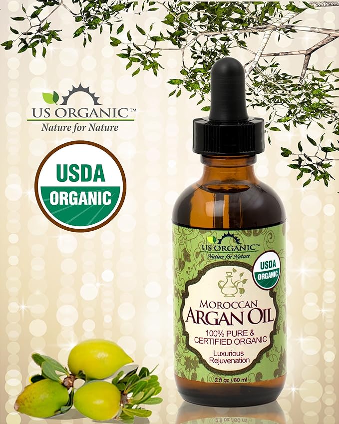 US Organic Moroccan Argan Oil, USDA Certified Organic,100% Pure & Natural, Cold Pressed Virgin, Unrefined, 2 Oz in Amber Glass Bottle, for Hair treatment, Skin, Nail, Cuticle, Sourced from Morocco.-GlimoraGlow