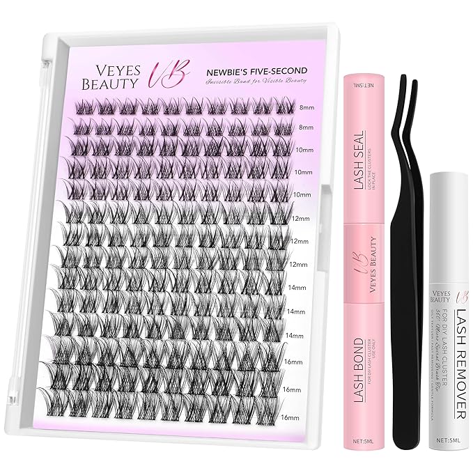 VEYESBEAUTY Lash Clusters Kit Individual Eyelash Extensions Thin & Invisible Band DIY False Eyelashes Newbie's Five-Second Series Wispy Lash Tray, LuxeBold KIT with Bond&Seal Remover Applicator-GlimoraGlow