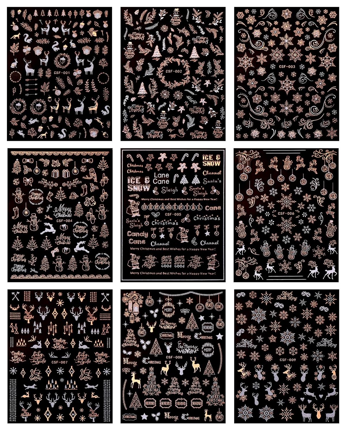 JMEOWIO 9 Sheets Christmas White Glitter Nail Art Stickers Decals Self-Adhesive Snowflake Winter Holiday Rose Gold Nail Supplies Nail Art Design Decoration Accessories-GlimoraGlow