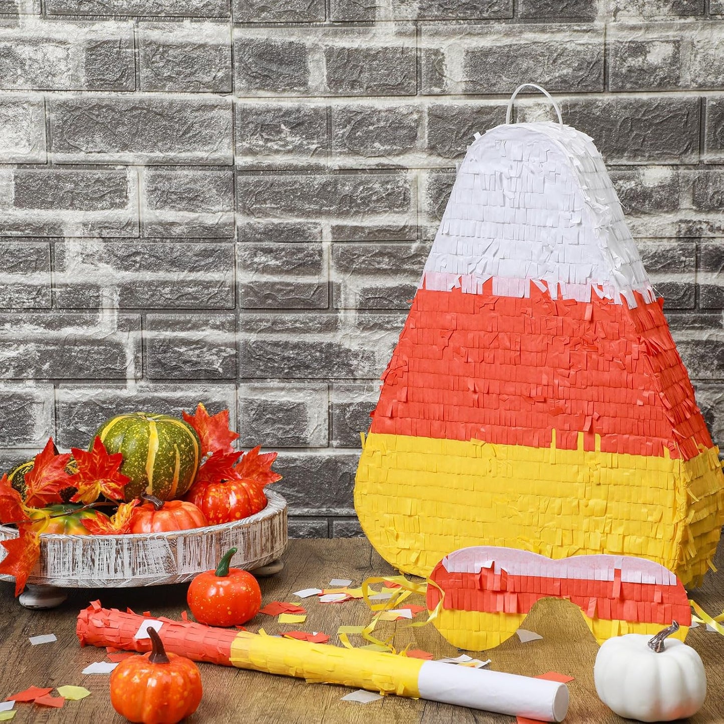 Lenwen Halloween Candy Corn Piñata Halloween Large Piñata with Stick Blindfold and Confetti Party Decorations for Birthday Game Halloween Themed Party Decoration