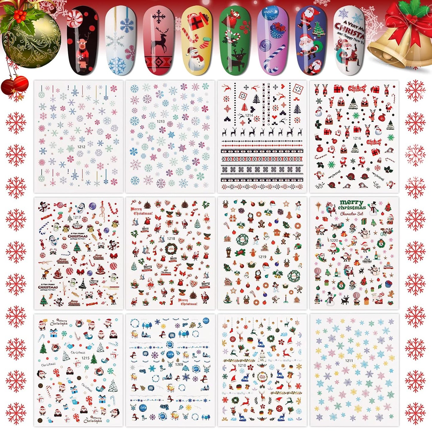 1000+ Patterns Christmas Nail Art Stickers Snowflake 3D Self-Adhesive Nail Decals, Kalolary Snowflake Santa Claus Snowman Christmas Stick Elk for Christams Nail Decorations for Women Kids-GlimoraGlow