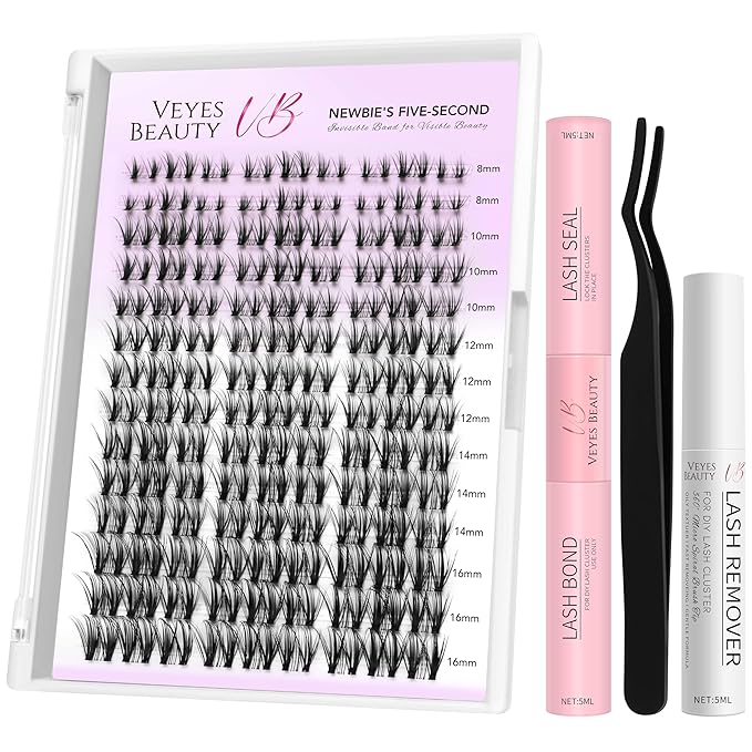 VEYESBEAUTY Lash Clusters Kit Eyelash Extensions Thin & Invisible Band DIY Individual False Eyelashes Newbie's Five-Second Series Lash Tray for Self-application, Whisper Lash 8-16mm Mixed Length-GlimoraGlow