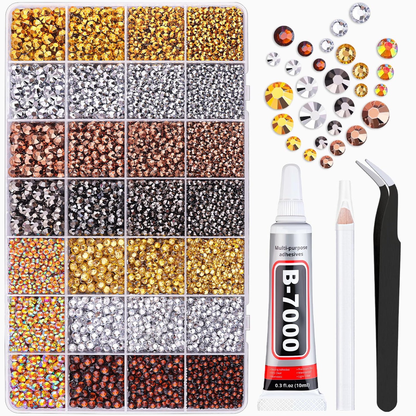 20000Pcs Metallic Rhinestones for Bedazzling with 1Pcs B7000 Jewelry Glue, Resin Rhinestones for Crafting Crafts DIY, Bedazzler Kit Gems for Clothing Shoes Tumblers Nail Art Assorted Size 3/4/5/6mm-GlimoraGlow