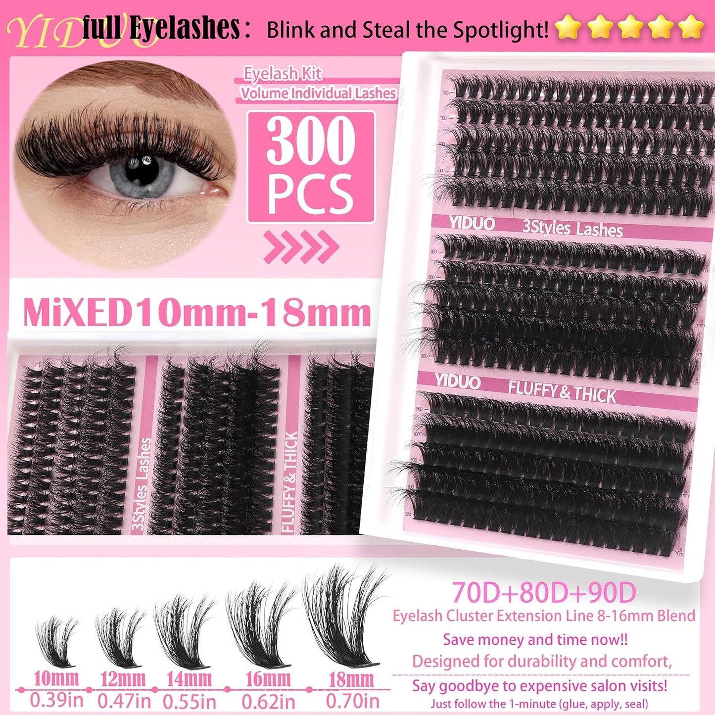 Lashes 7 style Mixed C-Curl False Eyelashes Extensions Clusters Lashes Kit Gift Packs 835Pcs with Bond&Seal Faux Mink Individual Lash Wholesale Pack DIY Individual Fake Eyelashes Box-GlimoraGlow
