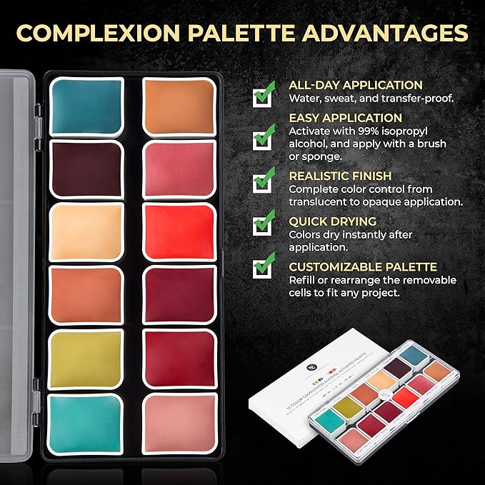12-Color Complexion Alcohol-Activated Palette, Professional Quick Drying Waterproof SFX Makeup, Tattoo Cover-GlimoraGlow