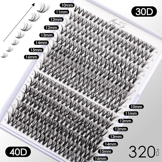 Lash Clusters DIY Lash Extensions Kit 320pcs Individual Lashes Clusters 30D 40D D Curl Eyelash Extension Kit with Applicator and Lash Bond&Seal,Clusters Lash Glue Remover Mix 10-16mm (30D+40D-320 KIT)-GlimoraGlow
