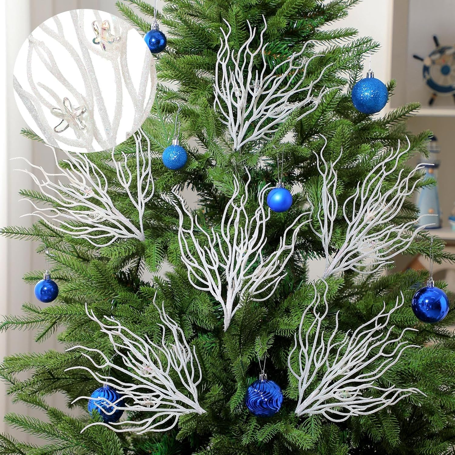 8 Pcs White Coastal Ornaments for Christmas Tree 15.7inch Glitter Coral Beach Ocean Spray Pick Branch Christmas Tree Topper Decorations Filler Twigs for Xmas Vase Wreaths Gift