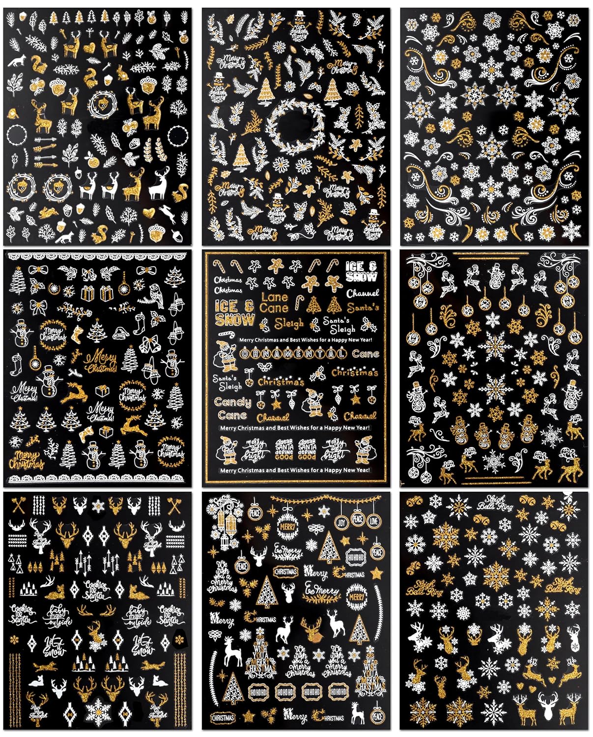 JMEOWIO 9 Sheets Christmas Nail Art Stickers Decals Self-Adhesive Pegatinas Uñas Bling Snowflake Snowman Holiday White Gold Nail Supplies Nail Art Design Decoration Accessories-GlimoraGlow