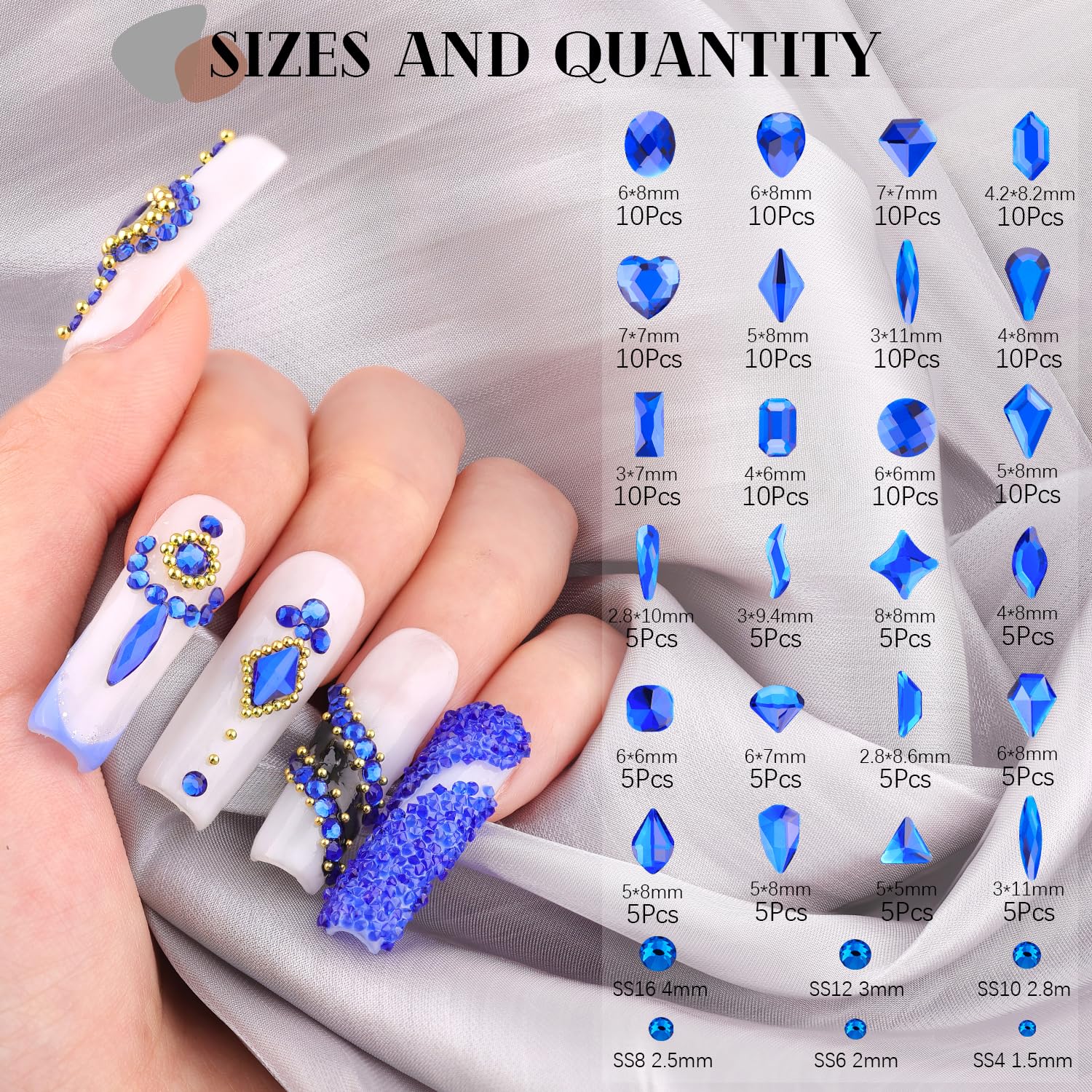 1680Pcs Royal Blue Glass Nail Rhinestones 180Pcs Multi Shapes Flatback Nail Gems + 1500Pcs 1.5-4mm Round Crystal, Manicure Nail Charms Diamond Gemstones for Acrylic Nails Decoration-GlimoraGlow