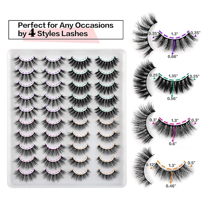 JIMIRE 20 Pairs False Eyelashes 4 Styles Mink Eyelashes Fluffy Pack 3D Volume Faux Mink Cat Eye Lashes Pack-GlimoraGlow