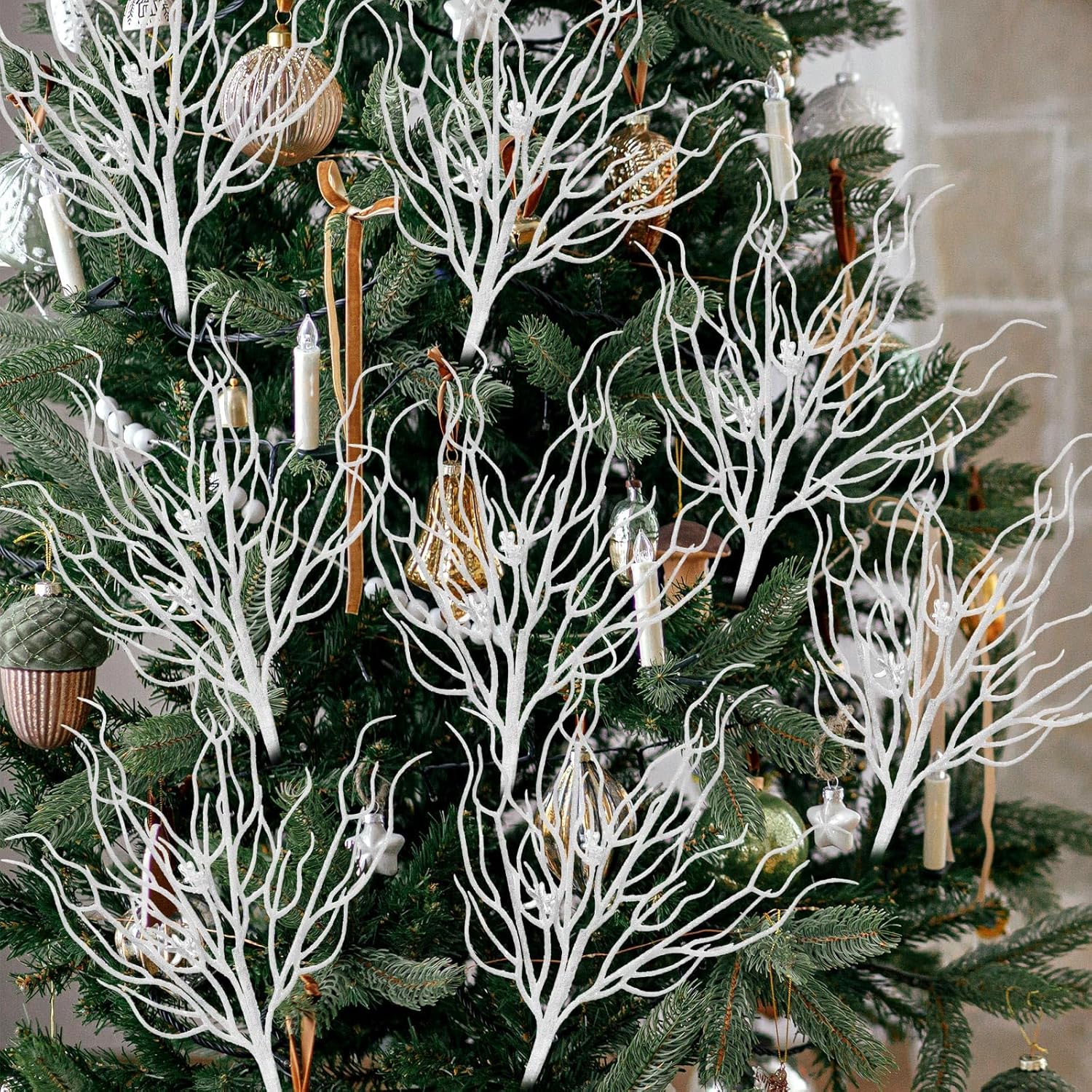 8 Pcs White Coastal Ornaments for Christmas Tree 15.7inch Glitter Coral Beach Ocean Spray Pick Branch Christmas Tree Topper Decorations Filler Twigs for Xmas Vase Wreaths Gift