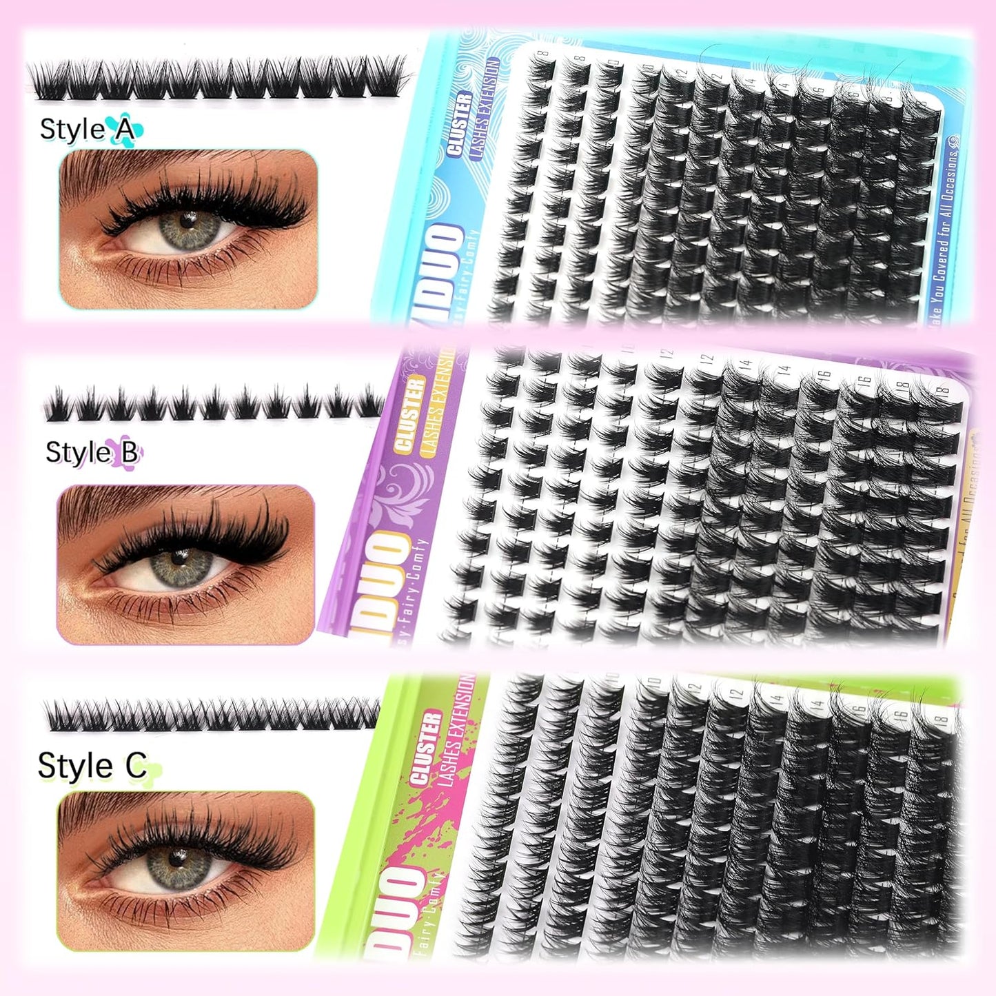 3 Styles Lash Clusters Kit Bulk Packs with 2×Bond&Seal Volume/Manga/ultra/Dramatic Eyelash Extensions 8-18mm lashes Clusters Kit Wispy D Curl Individual Fake Eyelashes Kit DIY at Home Easily-GlimoraGlow