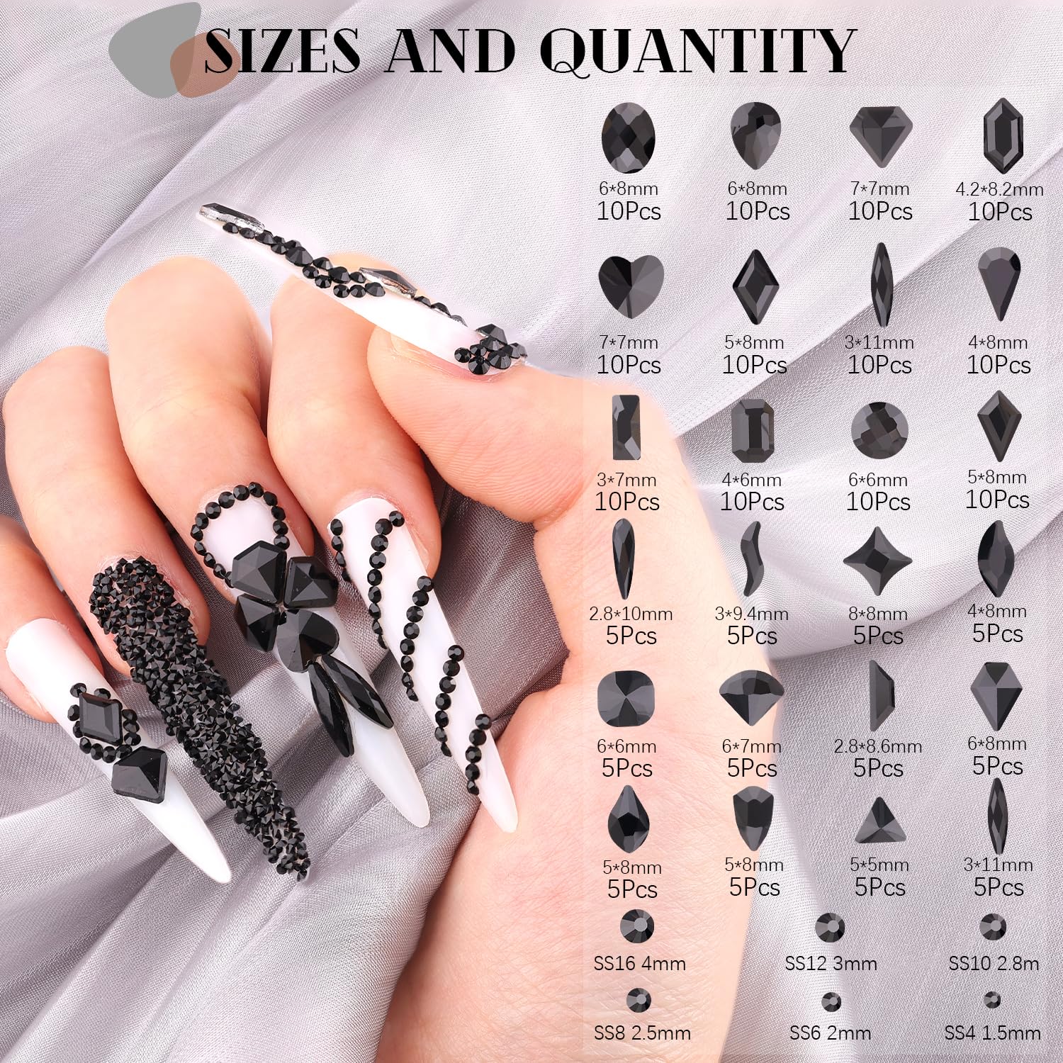 1680Pcs Black Glass Nail Rhinestones 180Pcs Multi Shapes Flatback Nail Gems + 1500Pcs 1.5-4mm Round Crystal, Manicure Nail Charms Diamond Gemstones for Acrylic Nails Decoration-GlimoraGlow