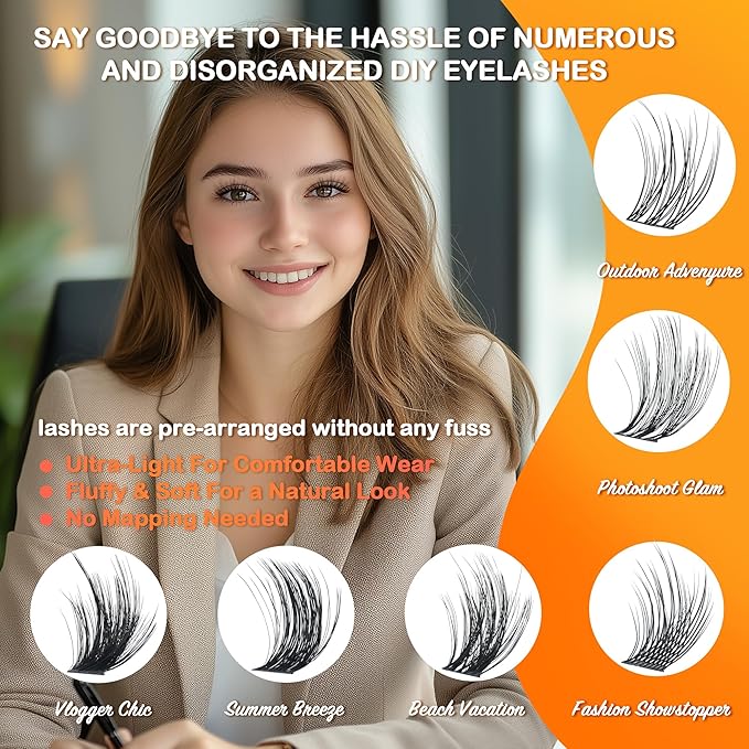 Fluffy Lash Clusters - 360Pcs Natural 0.05D Eyelash Clusters, Left & Right Eyelashes, Urtra Lightweight Cat Eye Clusters for Starter DIY at Home(Eyelashes Only）-GlimoraGlow