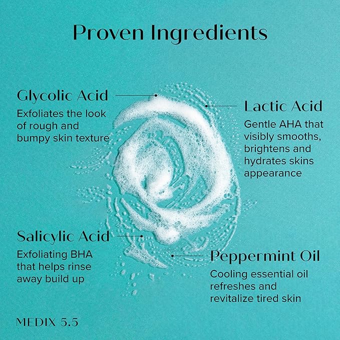 Medix 5.5 Body Scrub Skin Care Glycolic Acid Exfoliating Body Cleanser KP Bump Eraser | AHA + Lactic Acid Anti Aging All Skin Type Wash | Keratosis Pilaris & Acne | Foaming Body & Face Wash, 15 Fl Oz-GlimoraGlow