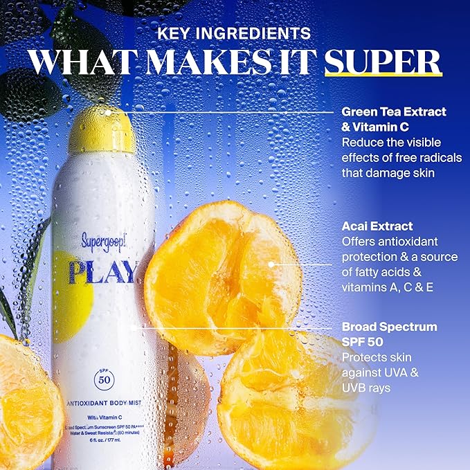 Supergoop! PLAY Antioxidant Body Mist w/Vitamin C - 3 fl oz - SPF 50 PA++++ Broad Spectrum Sunscreen - Body Spray - Great for Active Days-GlimoraGlow