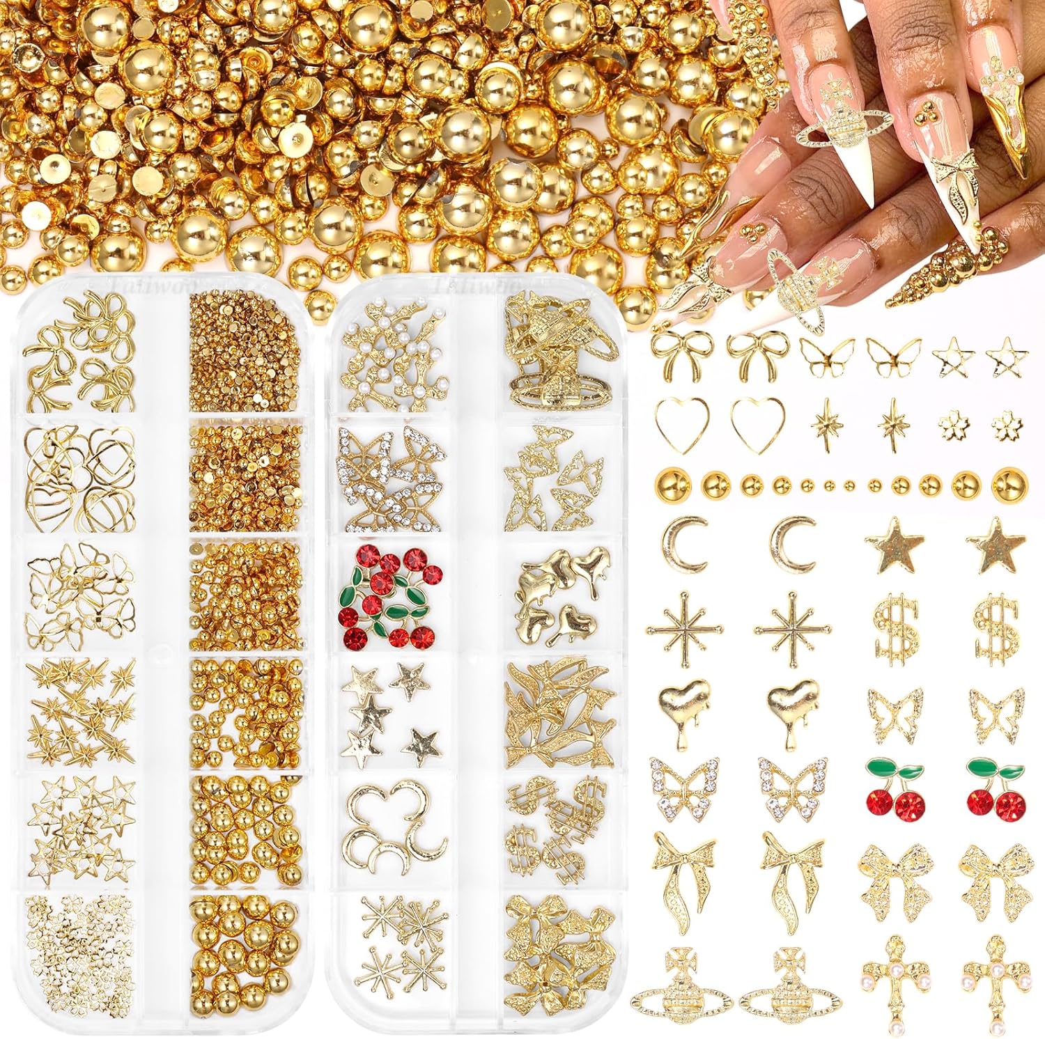 2 Boxes Alloy Gold Nail Charms, 3D Butterfly Star Cherry Nails Gems Charms, Mixed Shapes Golden Bows Heart Star Nail Studs Gold Flatback Pearls Beads for Nails Art Design DIY Accessories-GlimoraGlow